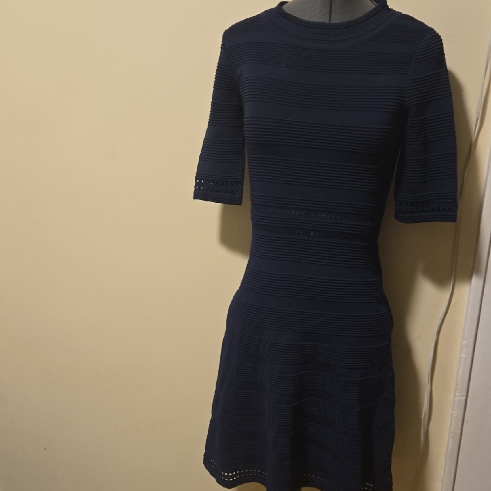 Blue Fit and Flare Midi Dress with Crew Neck for Work